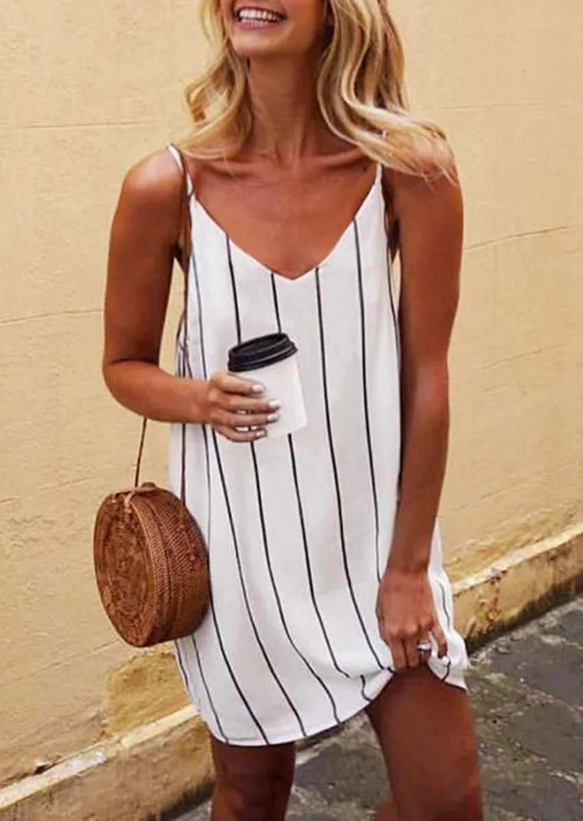 

Strap Mini Dress Women Striped Dress Summer 2019 New V-neck vestidos Fashion Sleeveless Dress robe femme White Dress