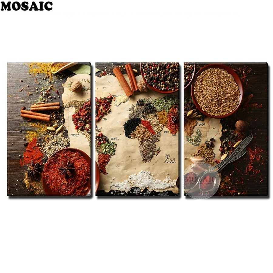 

3pcs/set,Map of World Made from Different Kinds of Spices,full square diamond painting,diamond emboriery msoaic paintng decor