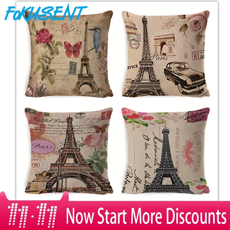 cheap FOKUSENT New Arrival 45x45cm Cotton Linen Cushion Cover Retro Vintage Franch Paris Tower Pillow Cover Car Sofa Throw Home 2018