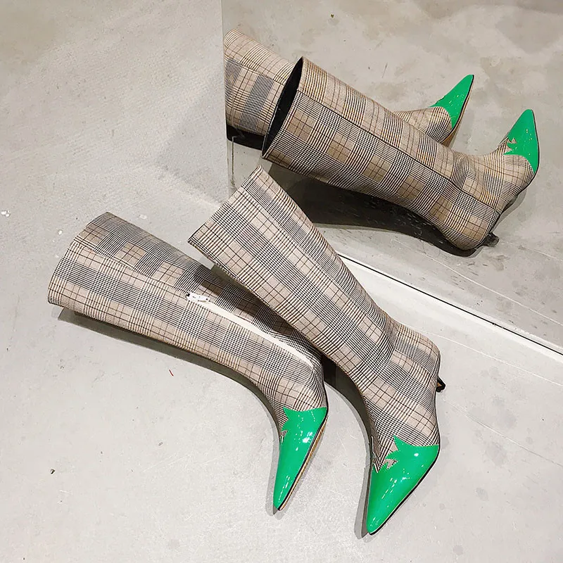 

Plaid Women Boots Patchwork Pointy Toe Luxury Shoes Woman England High Quality Dress Long Boots Stiletto Thin Heels Sexy Botas