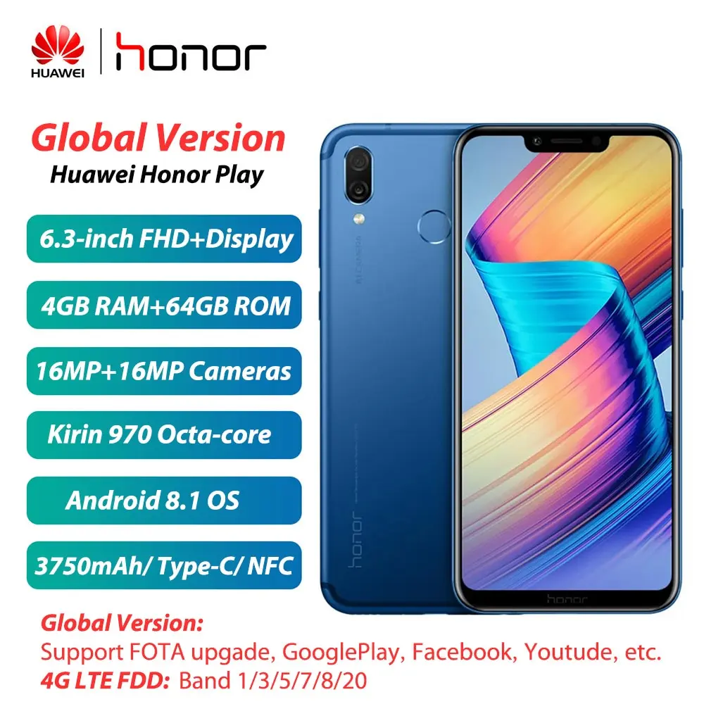 Глобальная версия huawei Honor Play мобильный телефон COR L29 6 3 дюймов 4 Гб + 64 Kirin 970