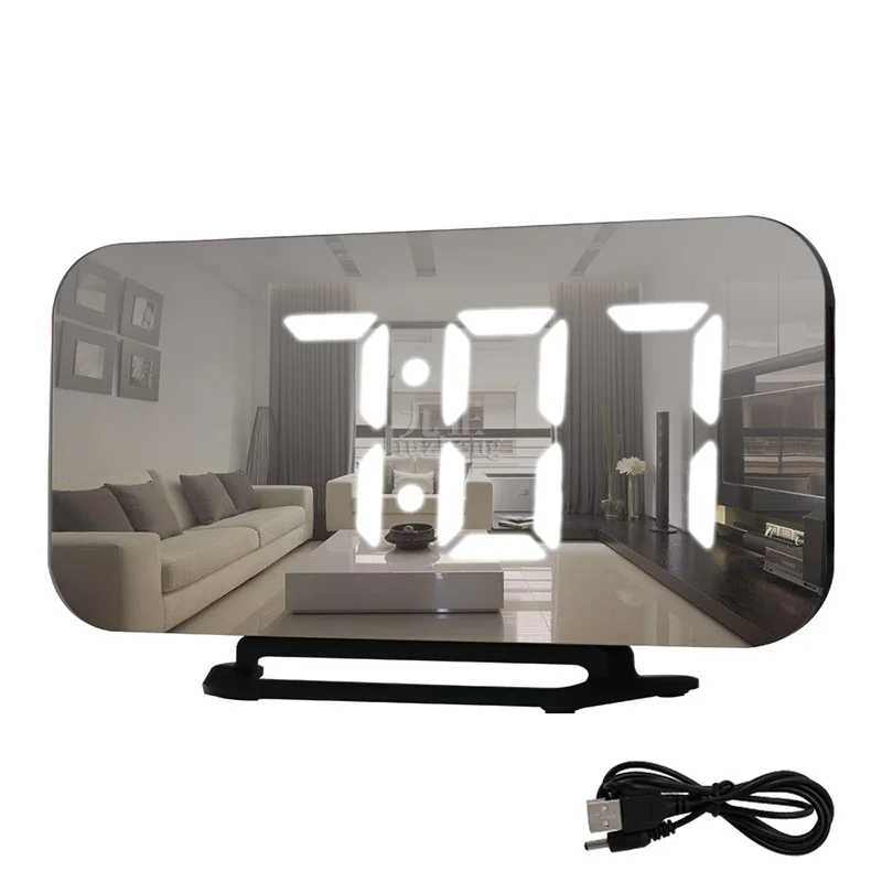 

2019 New Full Screen Electronic Alarm Clocks Noiseless LED Mirror Type Date Temperature Snooze Digital Clock With Holder 3 Color