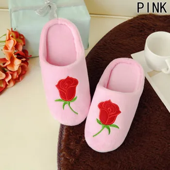 

Women Rose Slippers 2018 Fashion Flowers Embroidery Slippers Warm Shoes Plush Cotton Slippers Slip Women Flat Indoor