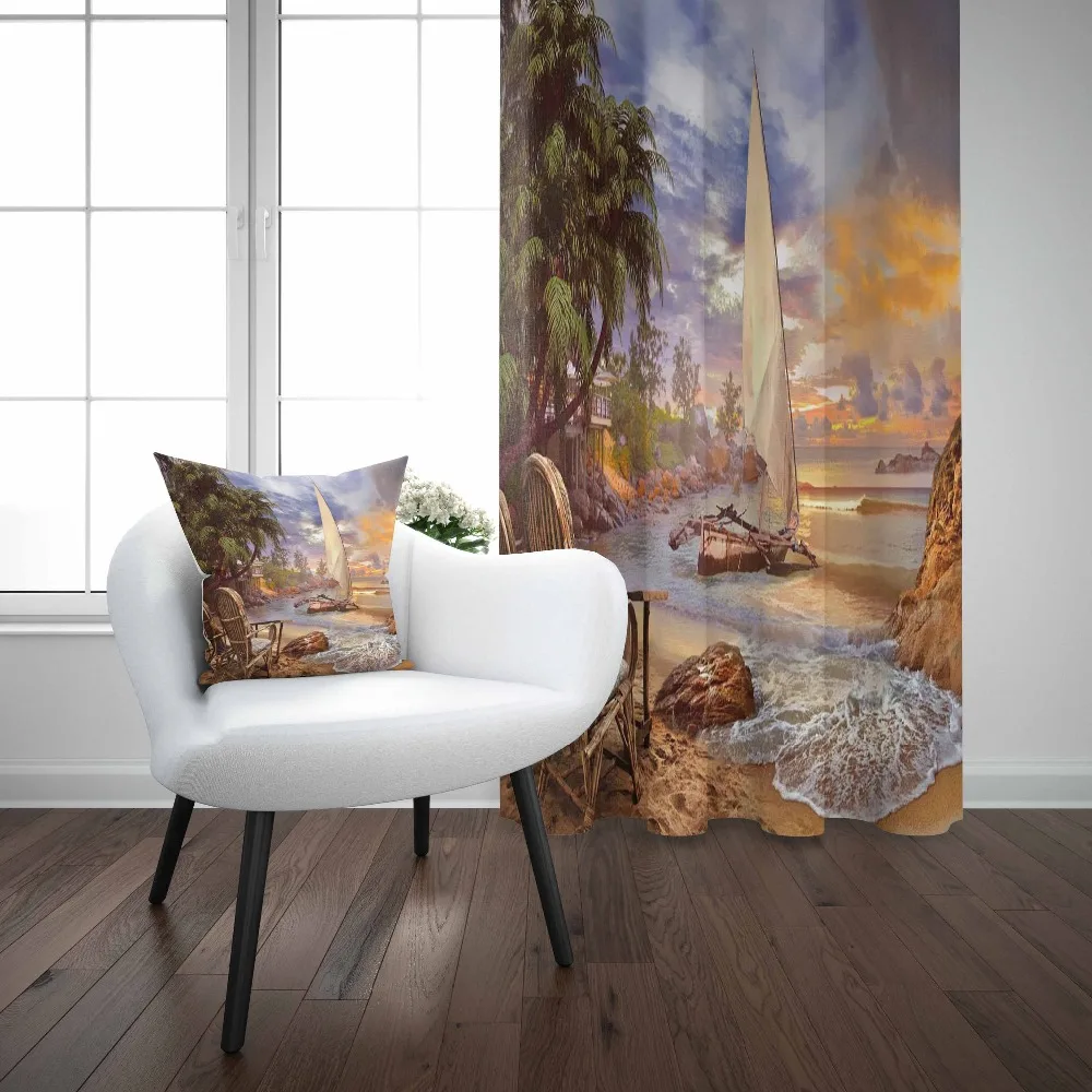 

Else Tropical Beach Sand Sea Ship Green Palm Tree 3d Print Living Room Bedroom Window Panel Curtain Combine Gift Pillow Case