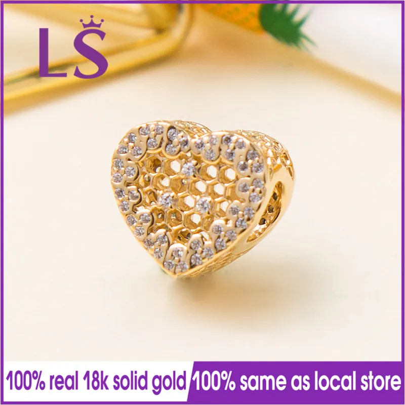 

LS 2018 New Spring 100% Real Gold Honeycomb Lace Charm Fit Original Bracelets Pulseira Encantos Beads DIY Jewelry Gifts N