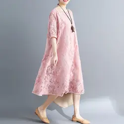 Лето новый Корейский моды сплошной цвет пять целых рукав кружева большой размер женщин из двух частей платье