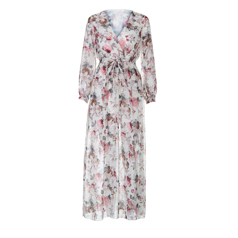 Womens Boho Style Floral Print Splits Long Dress Ladies Casual Short Sleeve V Neck Chiffon White Summer Dresses 2018 40SP27 6 - 