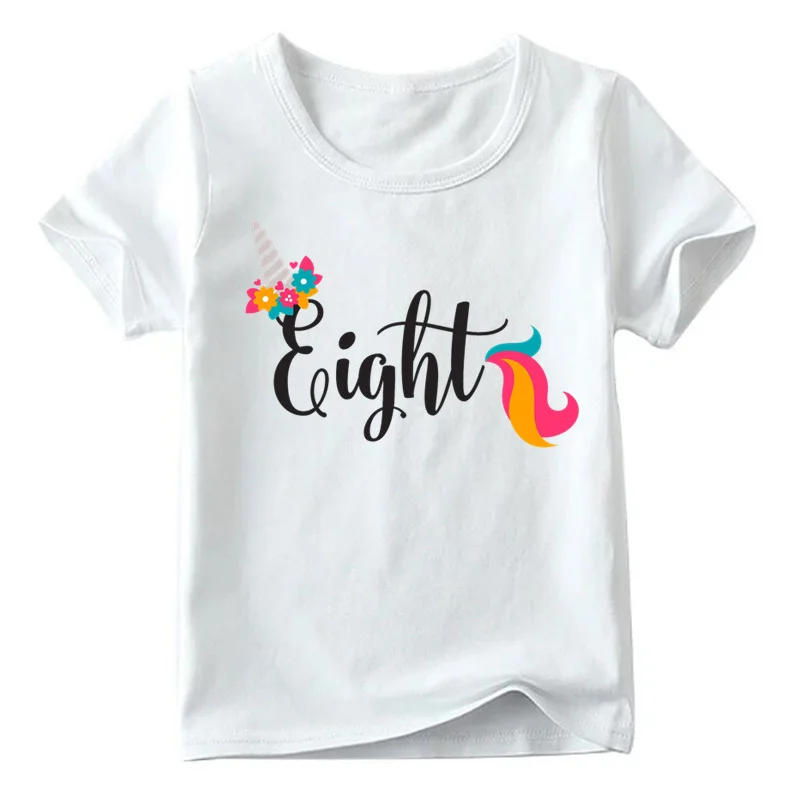 Футболка с принтом «Единорог» для девочек на день рождения, с цифрой 1-9, летняя белая футболка для малышей, милая детская одежда с цифрами 1-9 на день рождения, HKP2431