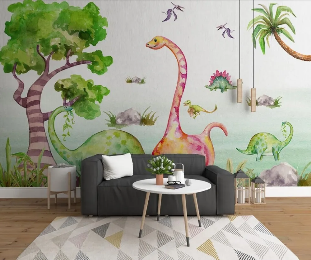 Скандинавский простой рисованный мультфильм динозавр животное Тропическое дерево детская комната стены профессионального производства обои росписи cust