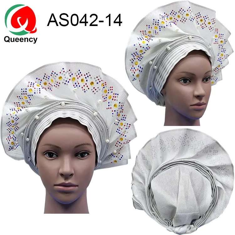 AS042 модный Африканский женский головной убор Aso Oke Auto Gele для Aso Ebi Африканский головной убор с бисером - Цвет: AS042-14