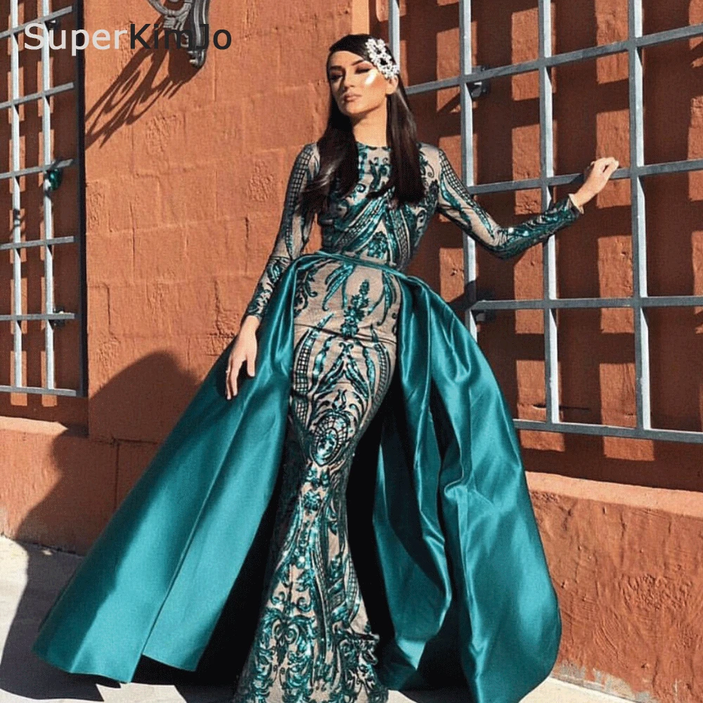 

SuperKimJo Robe De Soiree Detachable Skirt Evening Dresses Long Sleeve Green Formal Dress Women Elegant Evening Gown