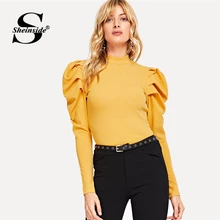 Sheinside Замочная скважина Задняя ножка-mutton с длинным рукавом и ложным футболка имбирь рубашка с длинными рукавами женская осенняя одежда тонкий женская футболка