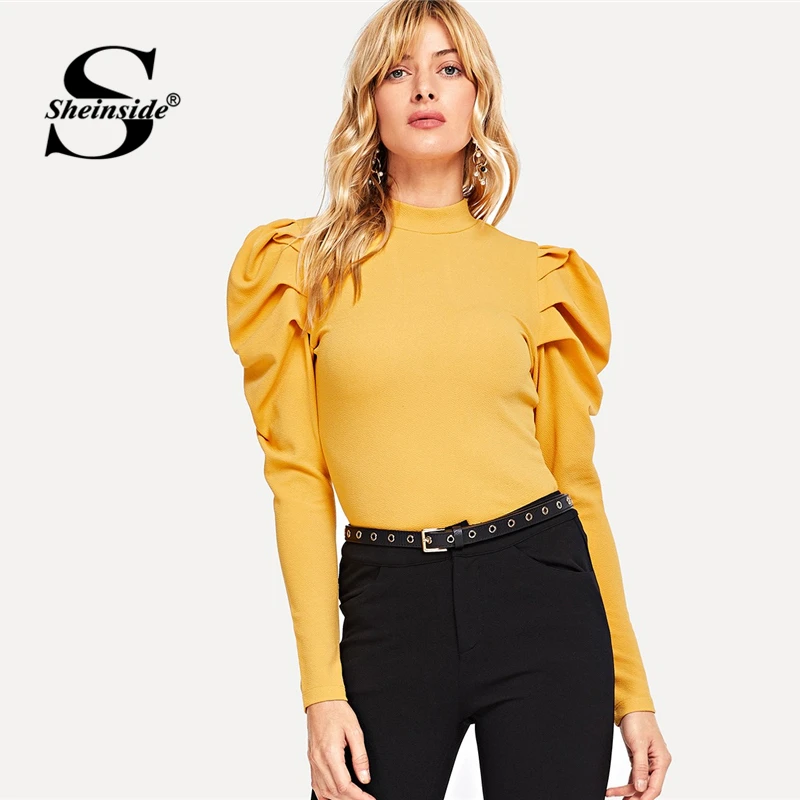 Sheinside Keyhole Back Leg-of-mutton Sleeve Mock Tee Ginger Long Sleeve Shirt Female Autumn Clothes 2018 Slim Ladies T Shirt