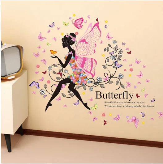  Flower Fairy Girl Wall Sticker Vinyl DIY Butterfly Faery Moon Decals for Kids Room Kindergarten Hom - 1000004812332