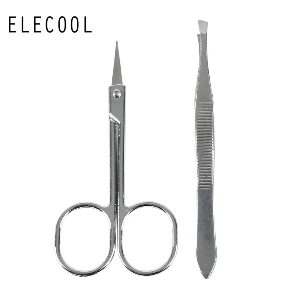 

ELECOOL 2pcs Eyebrow Tweezers Scissors Kit Set Beauty Tool For Face Nose Hair Remover False Eyelashes Clip Facial Makeup Tool
