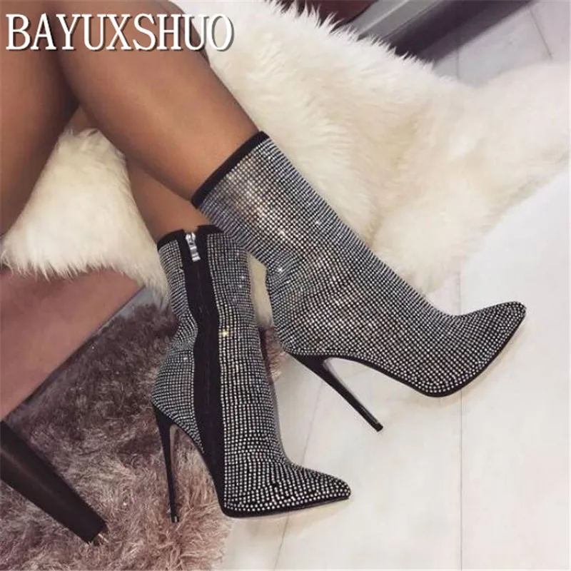 

BAYUXSHUO Women Ankle Boots Roman High Heels Luxury diamond Stiletto Booties Fashion Brand Design Sexy Ladies Party Shoes Woman