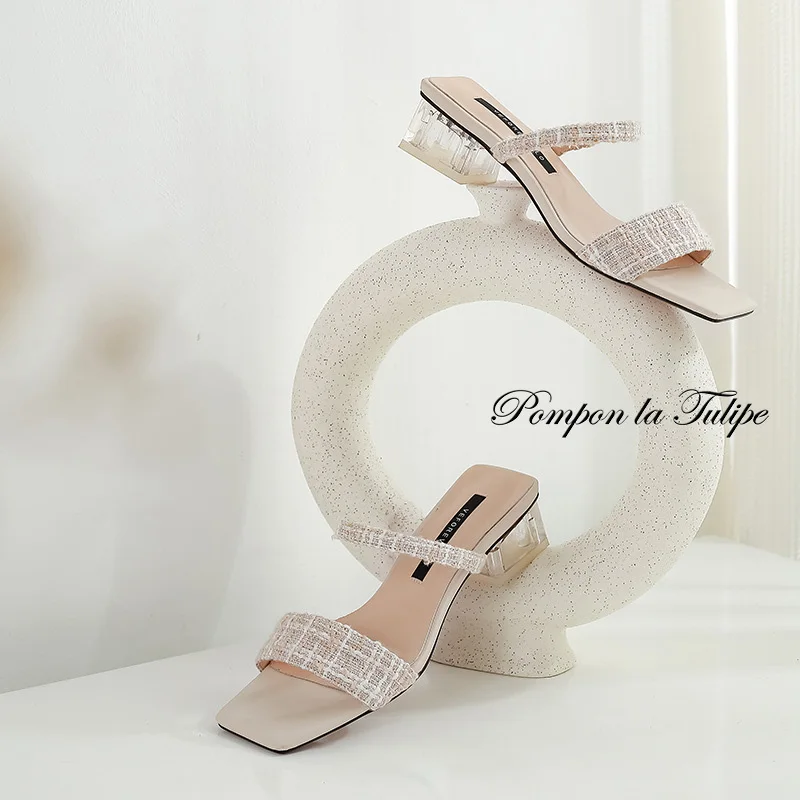 

BHS 901163 Chic Square Toe 3.5CM Heels Sliiper Genuine Leather Stylish Sandals Sheepskin Fashion Women Shoes Party Wedding