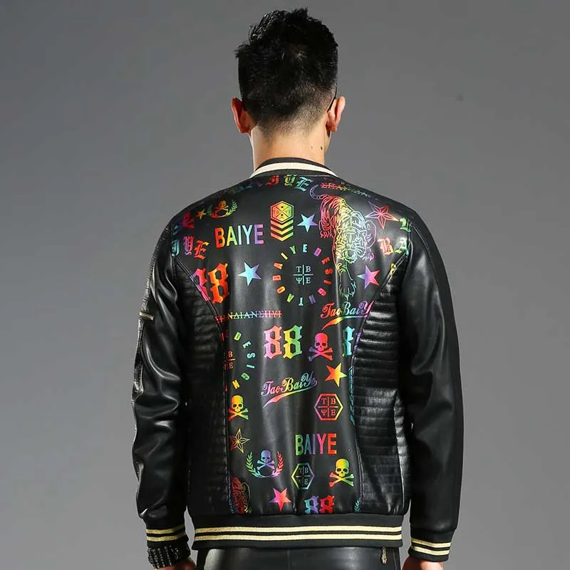 New Fashion PU Leather Colorful Printed Baseball Jacket Men Casual Bomber Jacket Coat Spring Autumn OUTWEAR Zipper Cardigan New Fashion PU Leather Colorful Printed Baseball Jacket Men Casual Bomber Jacket Coat Spring Autumn OUTWEAR Zipper Cardigan
