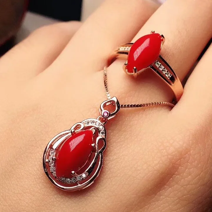 KJJEAXCMY бутик Драгоценности 925 серебро инкрустация натуральный красный коралл женское кольцо кулон ожерелье Поддержка обнаружения
