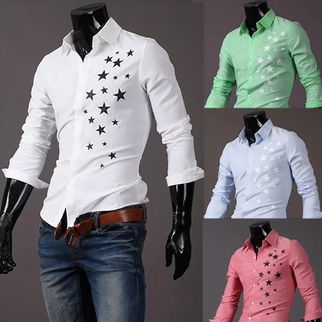 Белый, красный, голубой, зеленый новый Мужская мода звезды печати длинный тонкий рубашка
