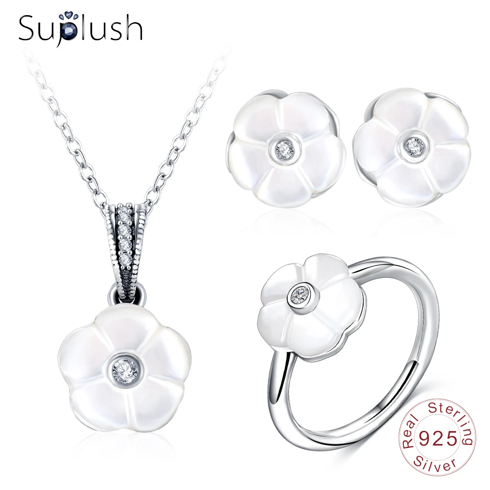 

Suplush TOP Quality 925 Sterling Silver Shell Flower Shape Necklace/Earrings/Ring Jewelry Sets For Women Wedding Jewelry Set