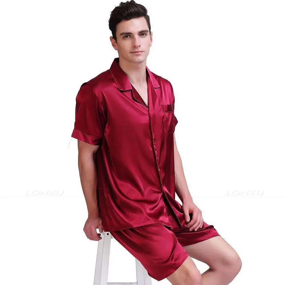 Mens Silk Satin Pajamas Pyjamas Short Set Sleepwear Set Loungewear U.S.S,M,L,XL,2XL,3XL,4XL Solid__Great Gifts