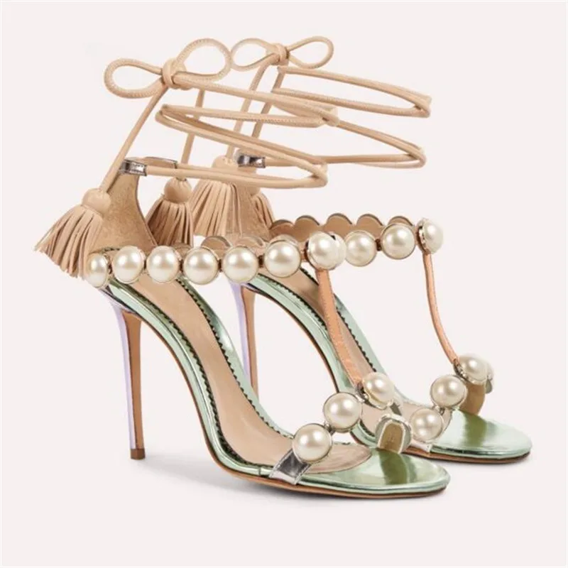 

Gorgeous Pearl Tassel High Heels Strip Sandals T Strappy Lace Up Gladiator Sandals Design Wedding Party Dress Shoes Women 2019