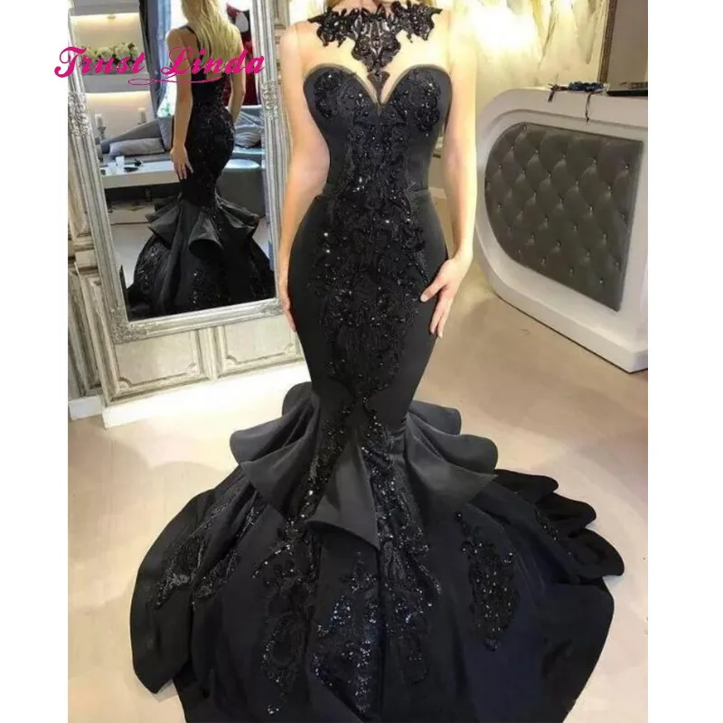 

Gorgeous Black Women Dress For Wedding Party Illusion Neck Embroidery Mermaid Prom Dresses Wedding Dress Guest