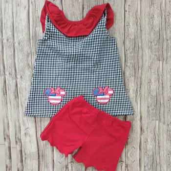 

Cute baby girl fashion suit sleeveless breathable seersucke shirt butterfly design cartoon pattern embroidery red shorts yll