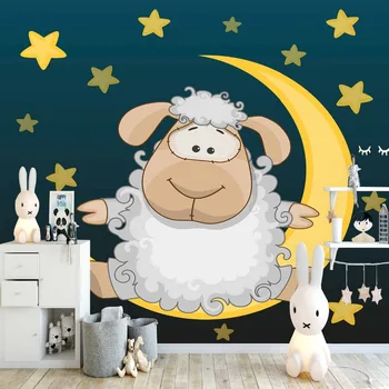 

Else Navy Blue Yellow Star Moons Sleep Lamps 3d Print Cartoon Cleanable Fabric Mural Kids Children Room Background Wallpaper