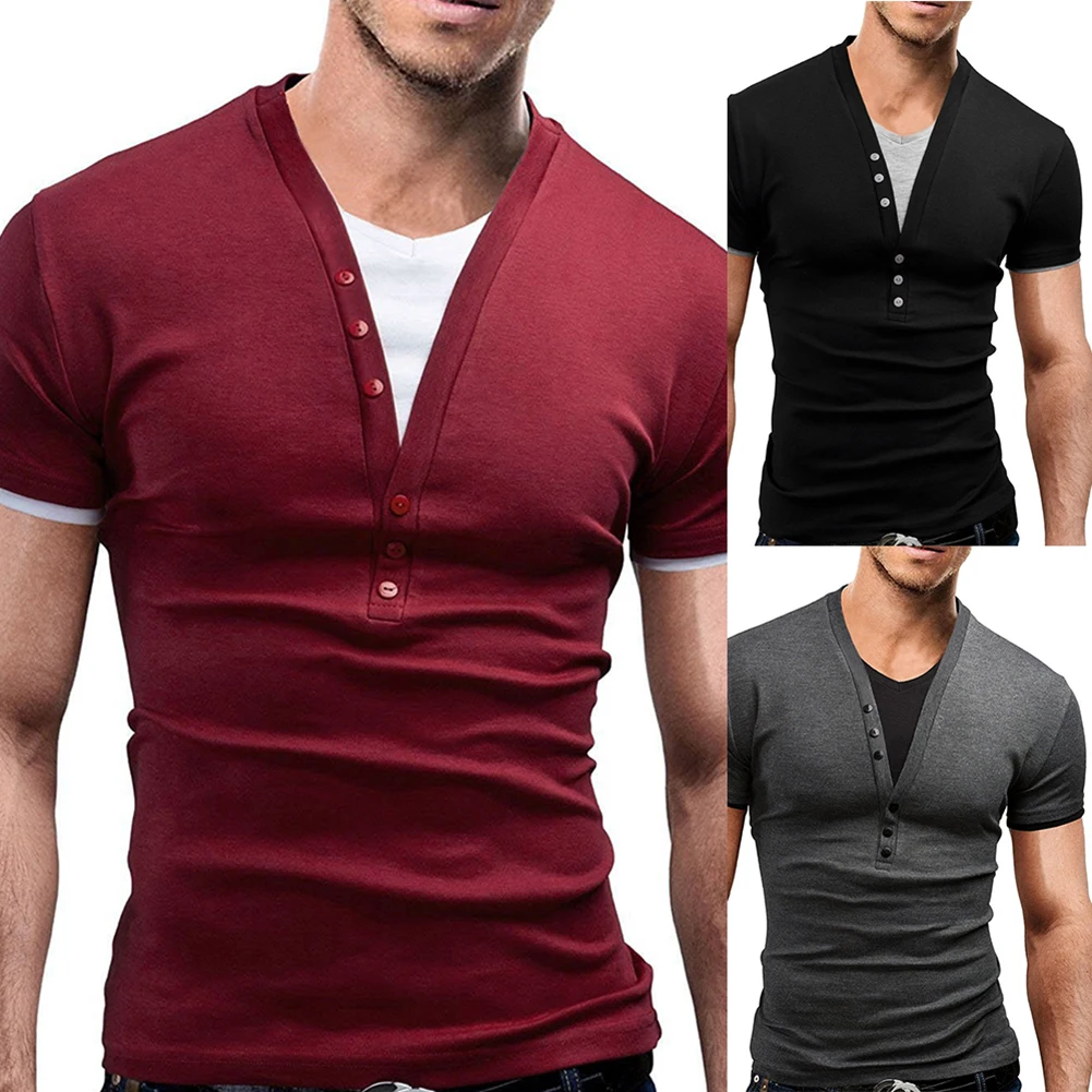 Men Fake Two-piece Button V-neck T-shirt Short Sleeve Casual Slim Fit ...