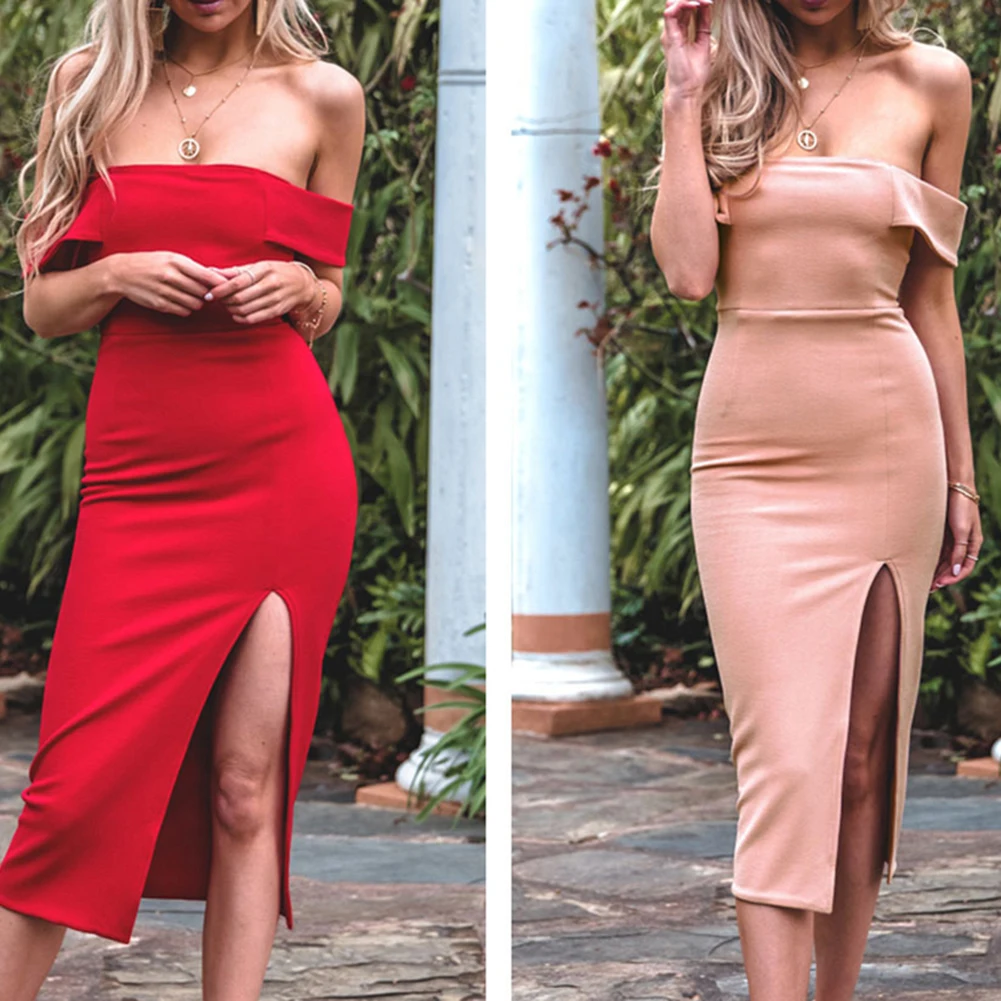 

Fashion Spring Summer Sexy Off-shoulder Solid Color Slim Fit Slit Women Dress