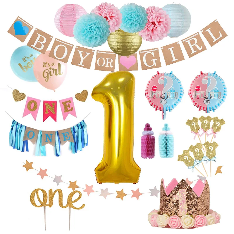 

Boy or girl first birthday party decoration baby shower, aluminum foil helium balloon paper pompom flower children happy birthda