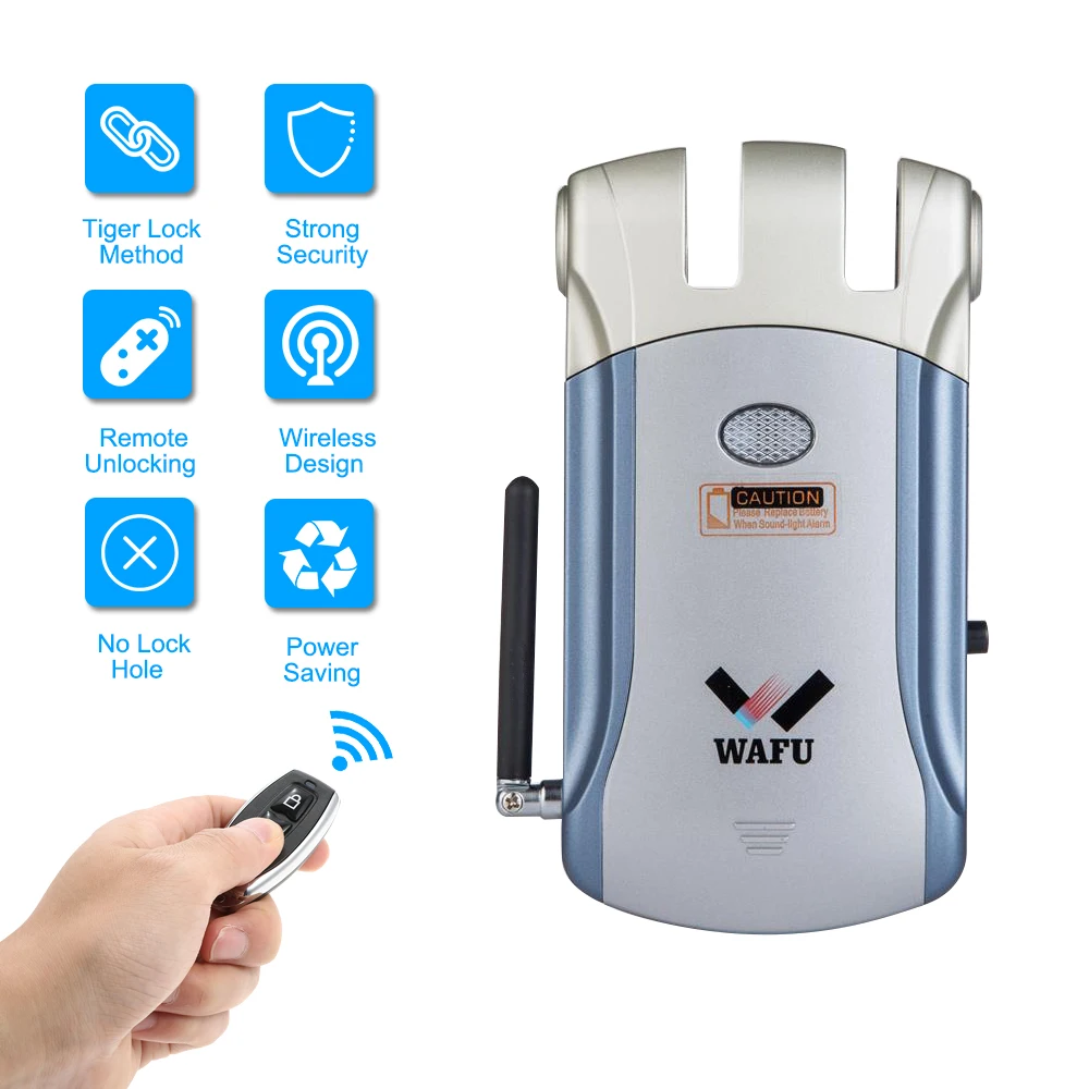 

WAFU Wireless Remote Control Electronic Lock Invisible Keyless Entry Door Lock with 4 Remote Controllers Blue+Silver