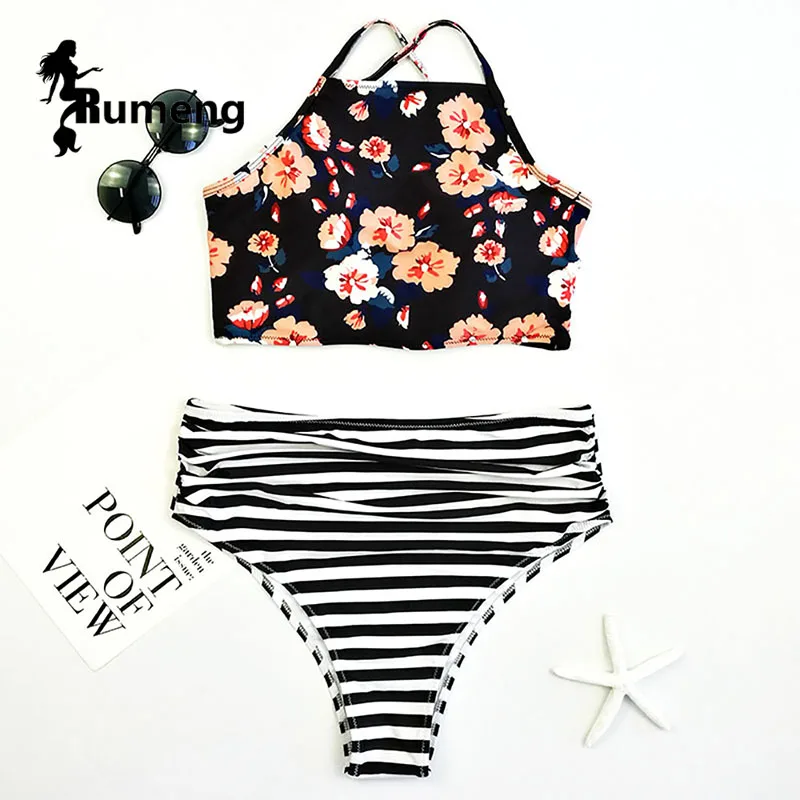 

RUMENG New 2018 Low-waisted Printed Bikini Set Striped Swimsuit