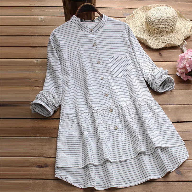 Fashion womens tops and blouses summer Autumn 2018 Long Sleeve Shirt Cotton Linen Striped Casual Loose Blouse camicette A22#N  (9)