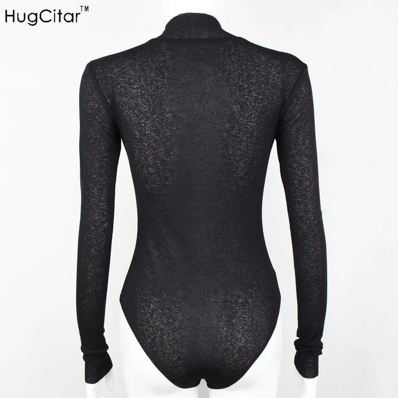 Hugcitar black solid see through mesh body suit 2019 Women Sexy Mock Neck Long Sleeve skinny Bodysuit female slim fit clothes