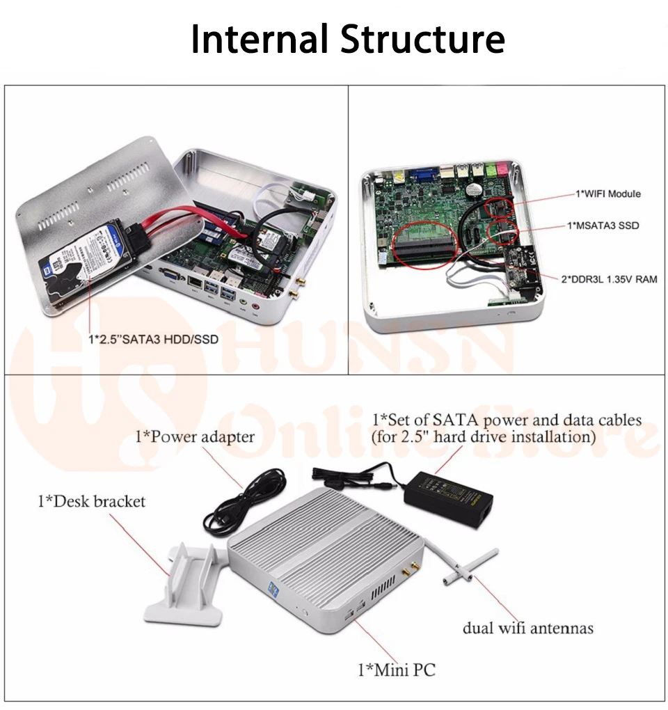 Fanless Mini PC I3 7100U I5 7200U I5 8250U HUNSN BM07 (12)
