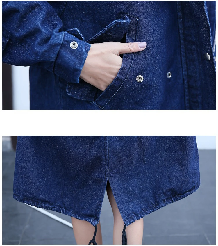 Spring Autumn Women Hooded Denim Trench New Korean Buttons and zippers Casual Loose Coat Female Long Denim Coat Is112