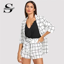 Sheinside Black and White Plaid Notched Blazers With Self Tie Waist Shorts Womens Two Piece Sets 2019 Elegant 2 Piece Women Set Sheinside Black and White Plaid Notched Blazers With Self Tie Waist Shorts Womens Two Piece Sets 2019 Elegant 2 Piece Women Set