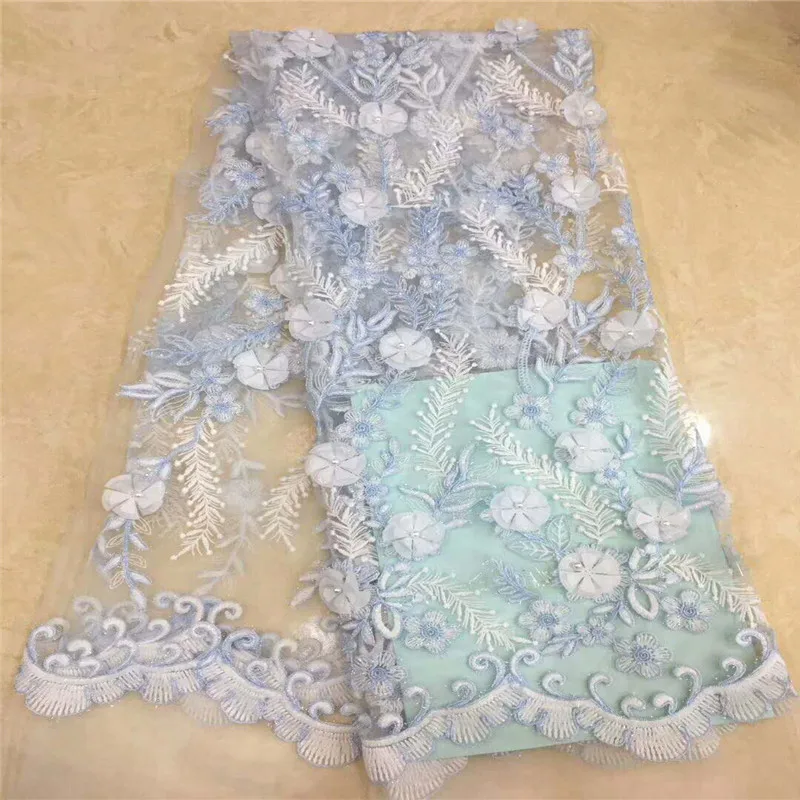 

HFX Latest Nigeria Embroidery Design Tulle Lace High Quality Beaded Wedding Net Lace Blue/White 3d Flower Lace Fabric X988-1