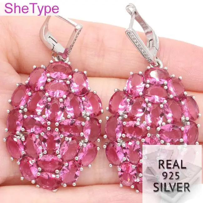 

SheType Top AAA+ Long Big Heavy 15.23g Pink Tourmaline CZ Wedding Real 925 Solid Sterling Silver Earrings 51x26mm