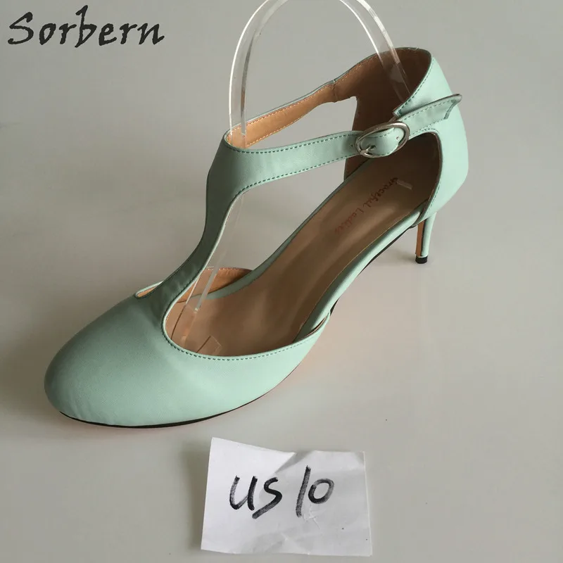 

Sorbern US10-EU41 Mint Green T-Strap Women Pumps 8Cm Kitten High Heels Small Pointed Toe Stilettos Shoes Heels Green Pumps