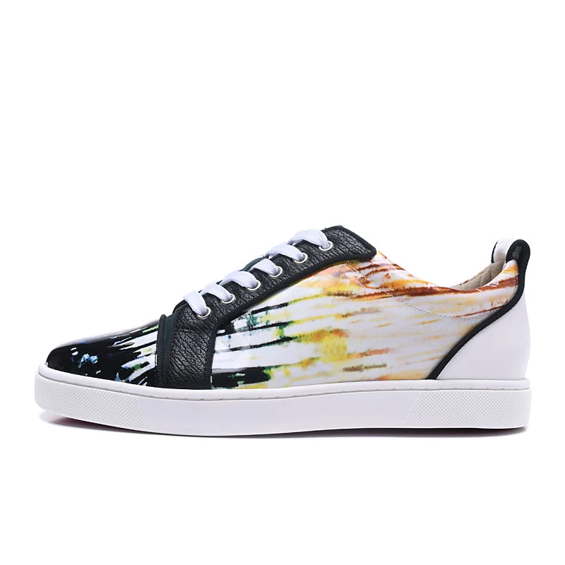 Rendas Moda Dos Casuais Até Luxo De Couro Top Sol Patente Do Homens Sapato Impressão Pôr Sapatos Marca Baixo Sneaker Graffiti Qualidade FCqgw0P