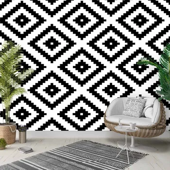 

Else Black White Nordec ikat Geometric Tiles 3d Photo Cleanable Fabric Mural Home Decor living Room Bedroom Background Wallpaper