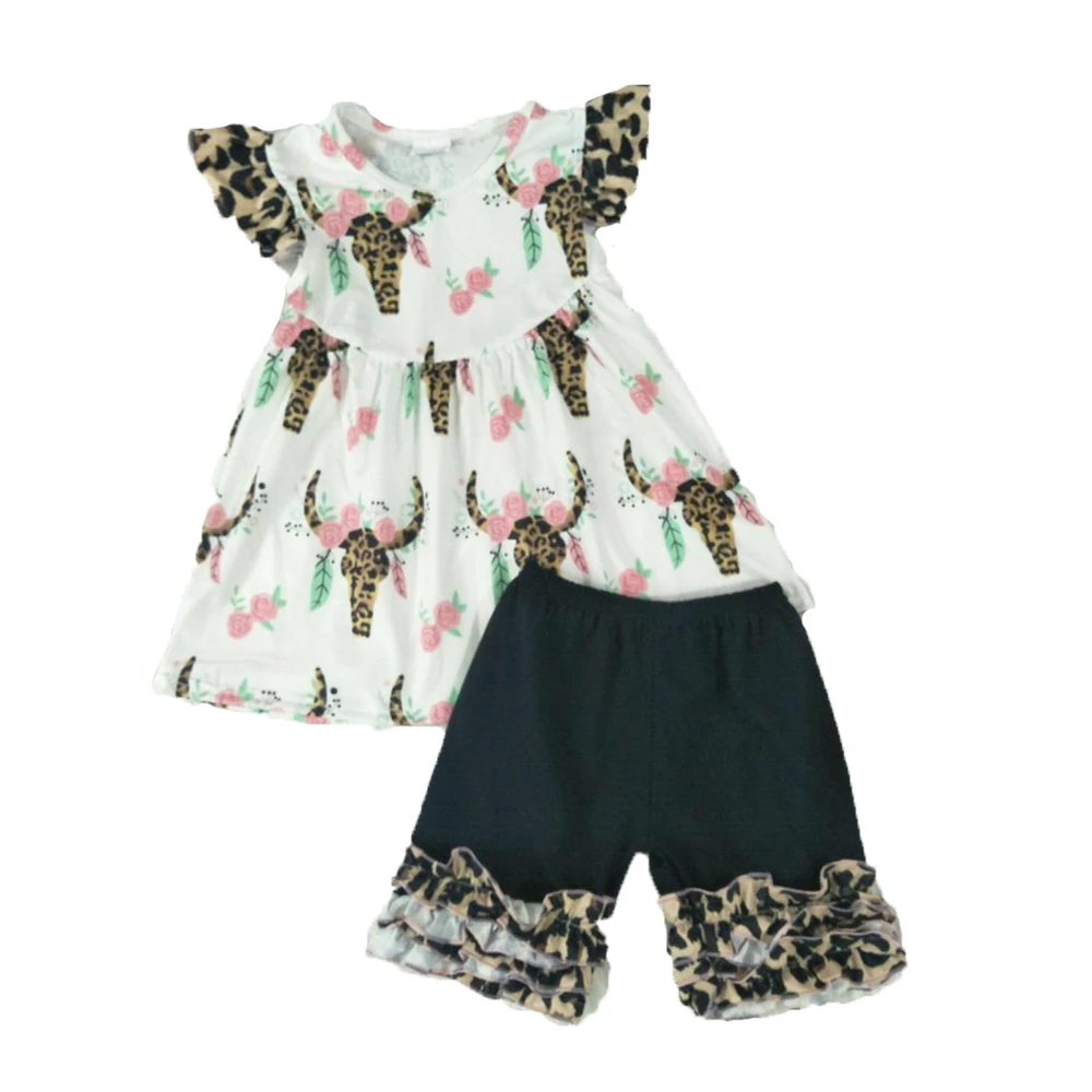 

Children and girls leopard small flying sleeves cow head print black shorts boutique set