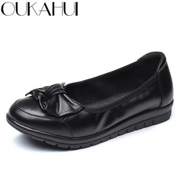 

OUKAHUI Autumn Spring Comfortable Flats Ballet Shoes Women Genuine Leather Shallow Bowkont Soft Bottom Slip-On Ladies Flat Shoes