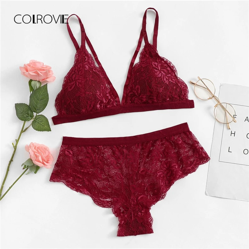 COLROVIE Burgundy Solid Sexy Floral Lace Lingerie Set 2019 New Women Bra And Brief Sets Wireless Sexy Underwear Bra Set