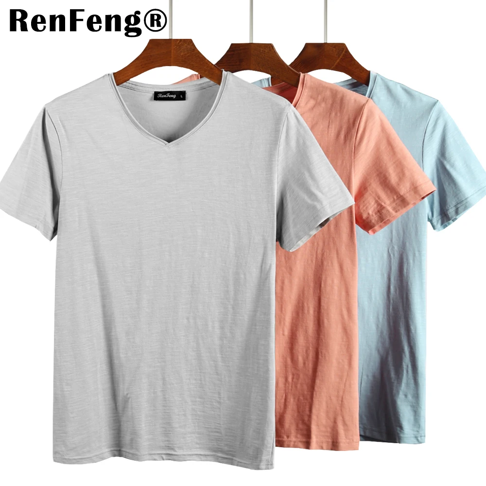 Bamboo cotton short-sleeved Cool t-shirt men's solid color trend Slim Blank white bottoming shirt curling V-neck shirt men (5)