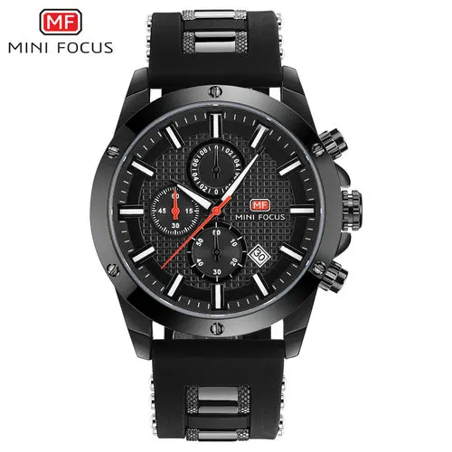 MINI FOCUS Chic Marine Men Quartz Analog Watch 3D Bolt Design 6 Hands 24H Calendar Rubber Strap Luxury Fashion Clock WITH BOX - Цвет: ALL BLACK